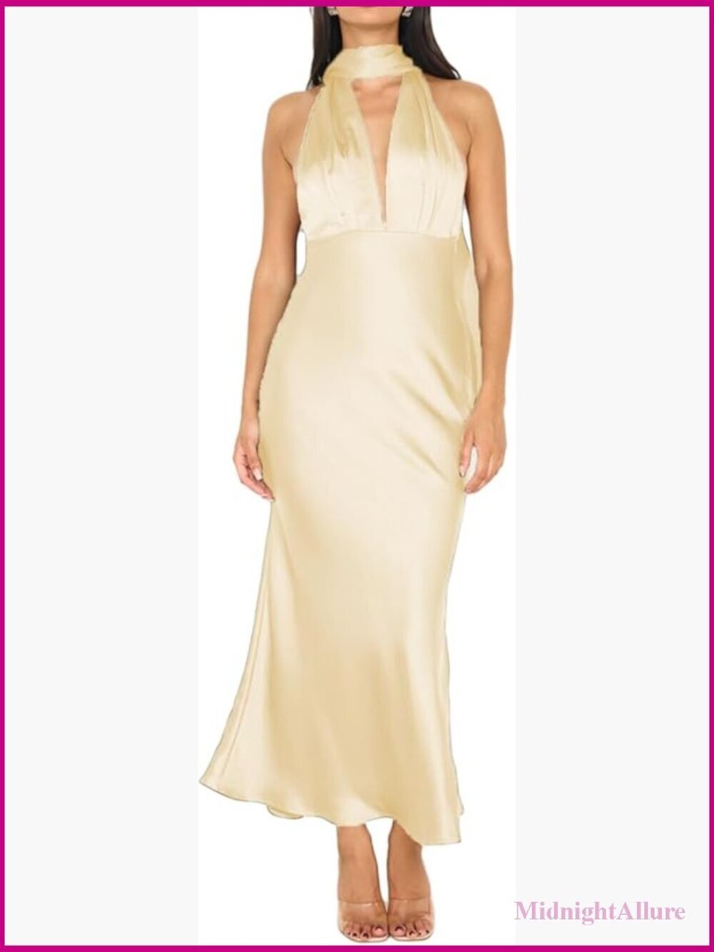 Satin Halter Deep V Backless Maxi Dress Silky Sleeveless Long Wedding Guest